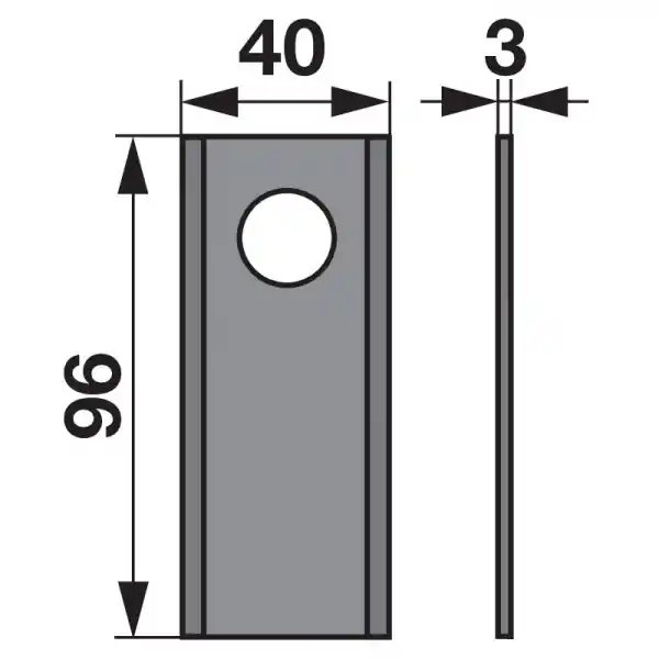 Cenová Bomba Nůž rotační sekačky rotace vlevo / vpravo 96 x 40 x 3 mm otvor Ø 19 mm vhodný pro Fella / Pöttinger / PZ 25 ks/bal.