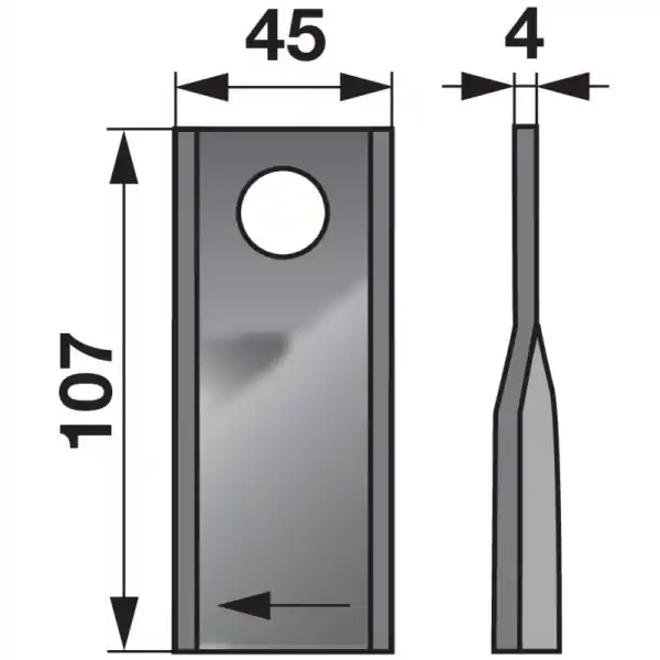 Aktuální Nůž rotační sekačky pravý, 107 x 45 x 4 mm, ø 18,2 mm Kuhn, JD, NH